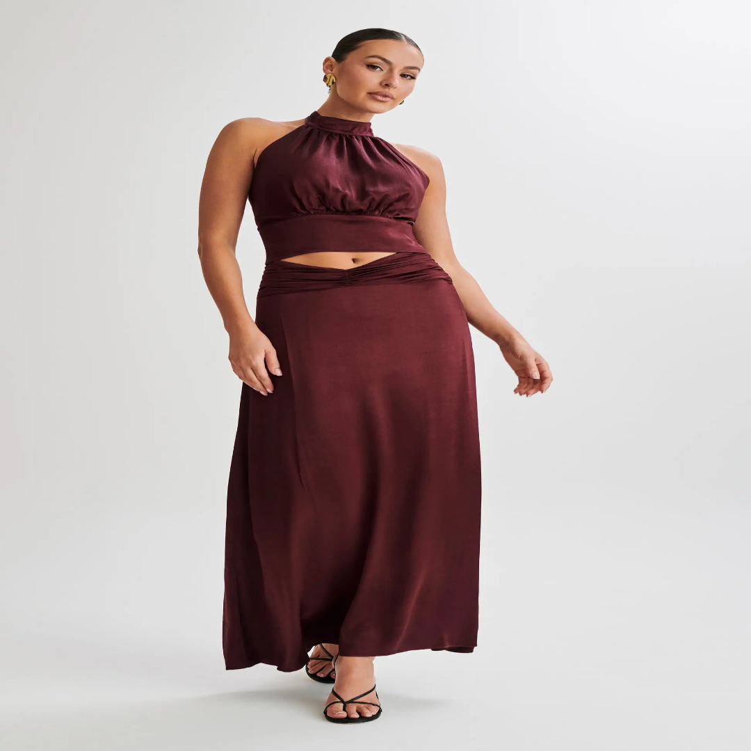 Satin halter neck top ruched long skirt set