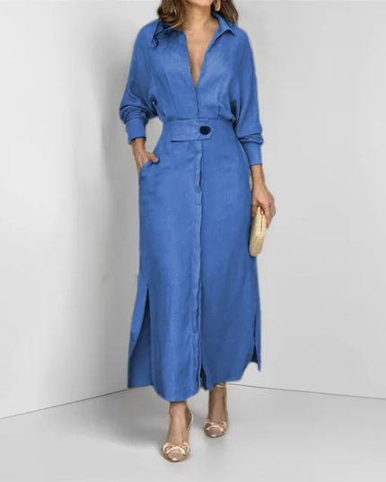 Vestidos Feminino De Lapela De Manga Comprida De Cor Sólida 188