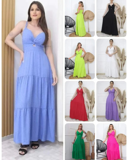 Vestido longo de alça com bojo viscolinho pipoca 278