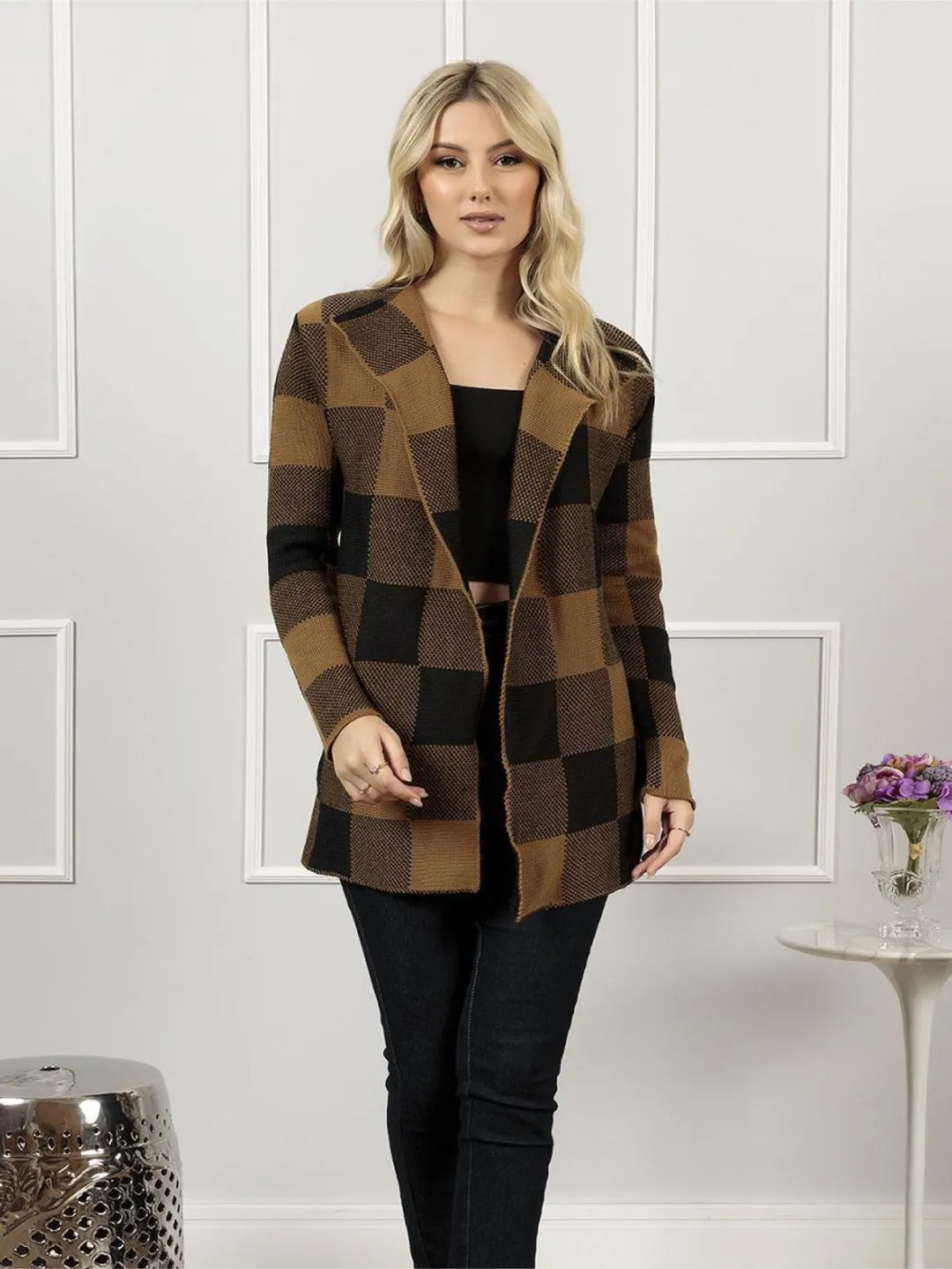 XADREZ de frio tricot lã cardigã inverno com capuz blusa moda feminina tricot linha KIMONO inverno Blusinha Manga longo 226