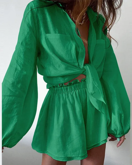 Conjunto de Shorts e Blusa com Babados na Barra, Cor Sólida e Casual para Mulheres 186