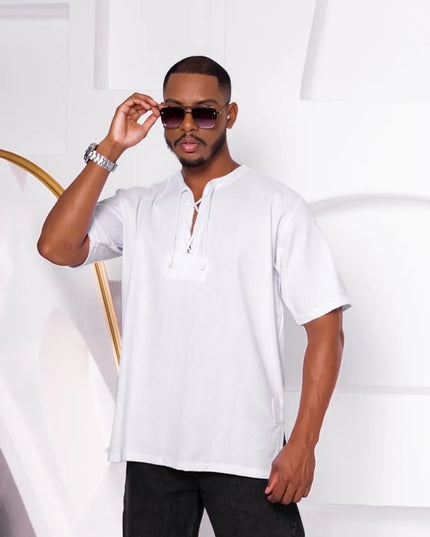 Camisa Gola à Padre Camiseta Masculina com Cordão e Ilhós Manga Curta 100% Algodão Estilo Casual 475