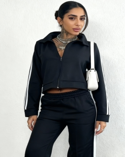 Conjunto de moletom feminino com zíper e listras 52