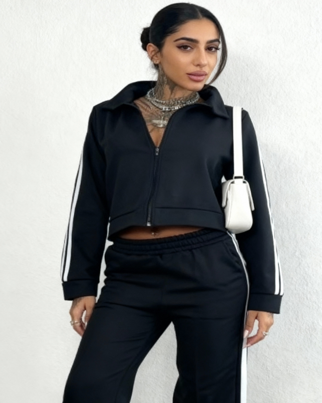 Conjunto de moletom feminino com zíper e listras 52