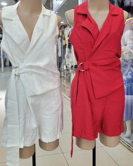 Macaquinho amarração 
Super elegante Feminino Alfaiataria Colete Longo Short Cós Alto Casual 456