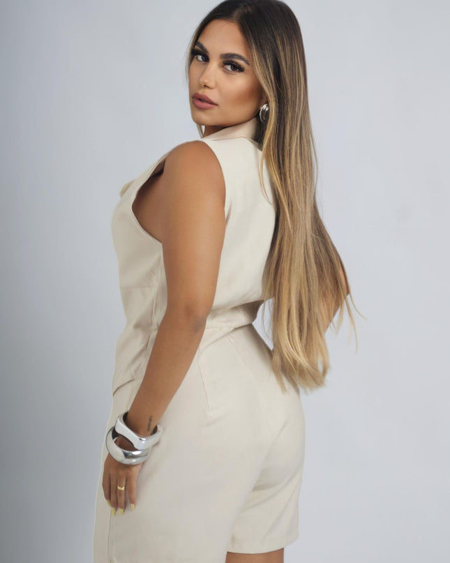 Macaquinho amarração 
Super elegante Feminino Alfaiataria Colete Longo Short Cós Alto Casual 456