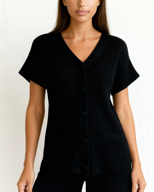 Conjunto de shorts feminino casual de 2 peças com botões e decote em V 24