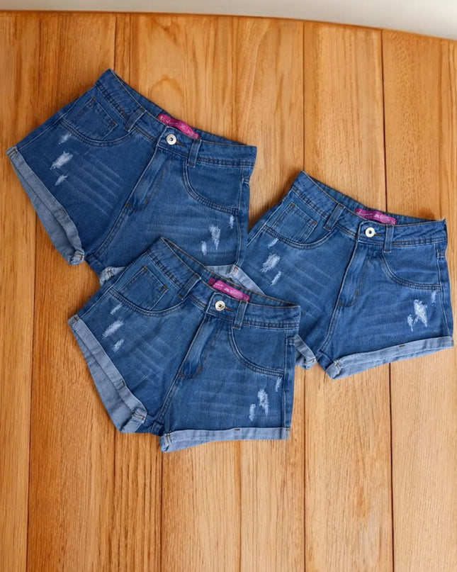 Short jeans feminino azul jeans barra dobrado 334