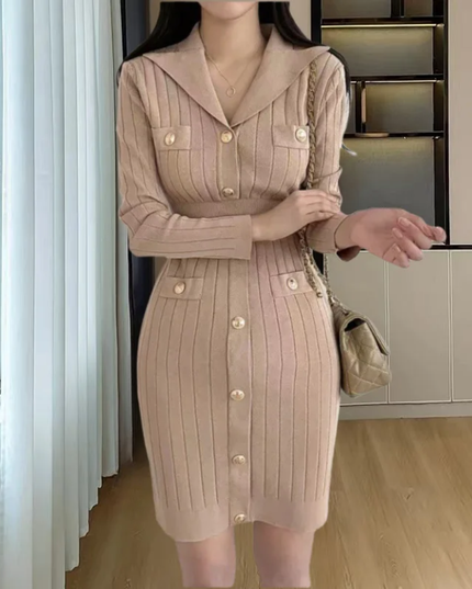 Vestido de Suéter de Manga Longa com Fivela de Metal Minimalista para Uso Diário das Mulheres 307