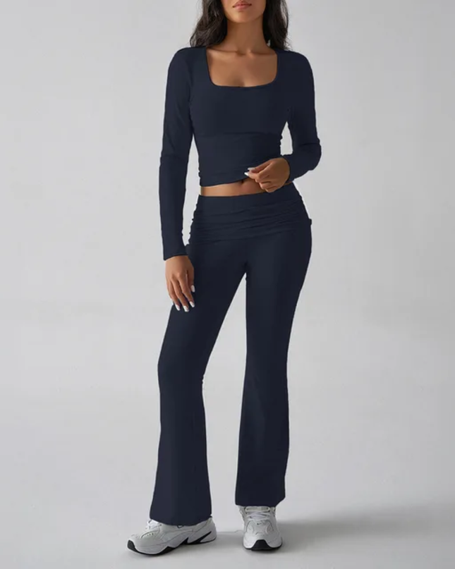 Conjunto de Duas Peças Feminino para Outono, Slim, Sexy, Cor Sólida, Top de Manga Longa com Gola Quadrada e Calça 118