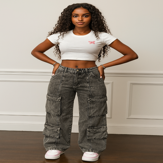 Calça jeans feminina larga, cintura alta, perna larga e bolsos 28