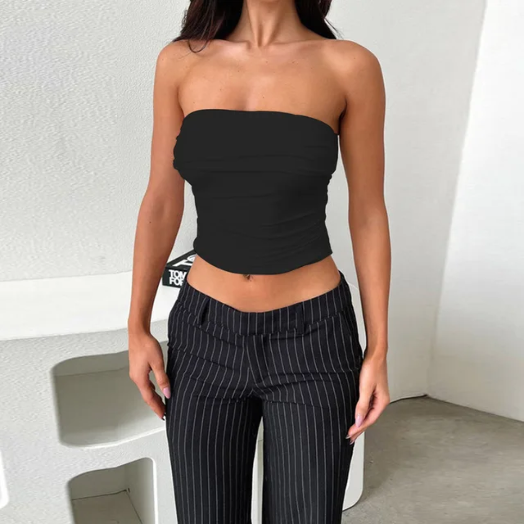 Top cropped sem alças com atilhos no busto e elástico 141