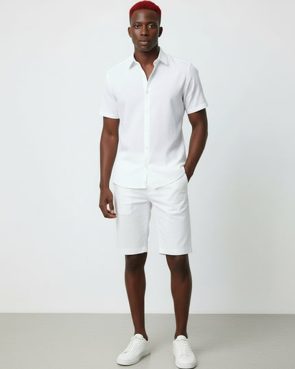 Conjunto masculino de lisa de algodão e manga curta com botões, shorts de praia e verão 473