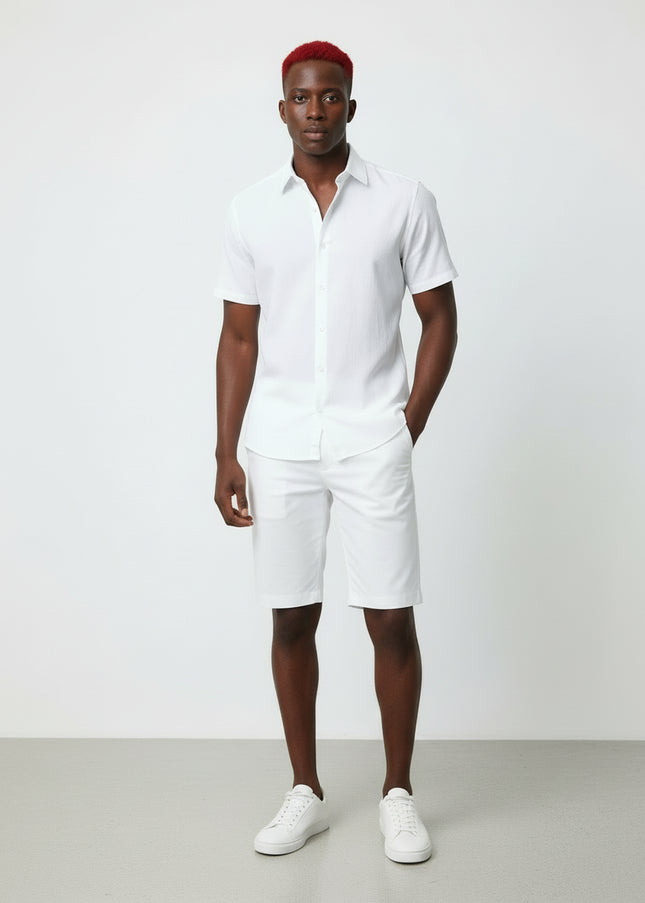 Conjunto masculino de lisa de algodão e manga curta com botões, shorts de praia e verão 473