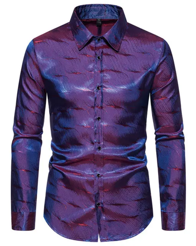 Homem Meia-Noite Camisa Masculina de Manga Longa com Gola Alta Jacquard, Ajuste Solto, Outono, Formal 591