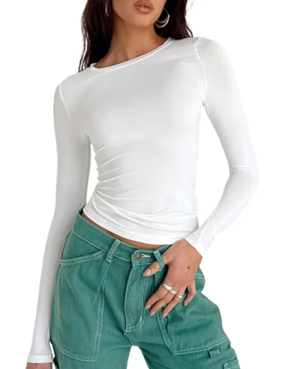 Camiseta Feminina Elegante e Versátil com Gola Careca, Manga Longa, Franzida, Ajustada e Slim, Adequada 161