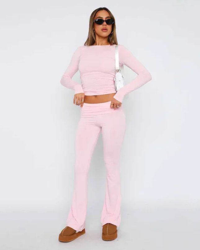 Conjunto Esportivo de Malha Slim Fit de Cor Sólida com Top de Manga Longa e Calça Flare 144