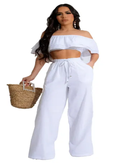 Casual two piece bow collar ruffled pants set