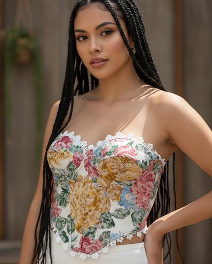 Corset Floral Feminino Tomara que Caia com Bojo Modelador – Ajustável, Estilo Blogueira Carnaval  Detalhe da taça 585