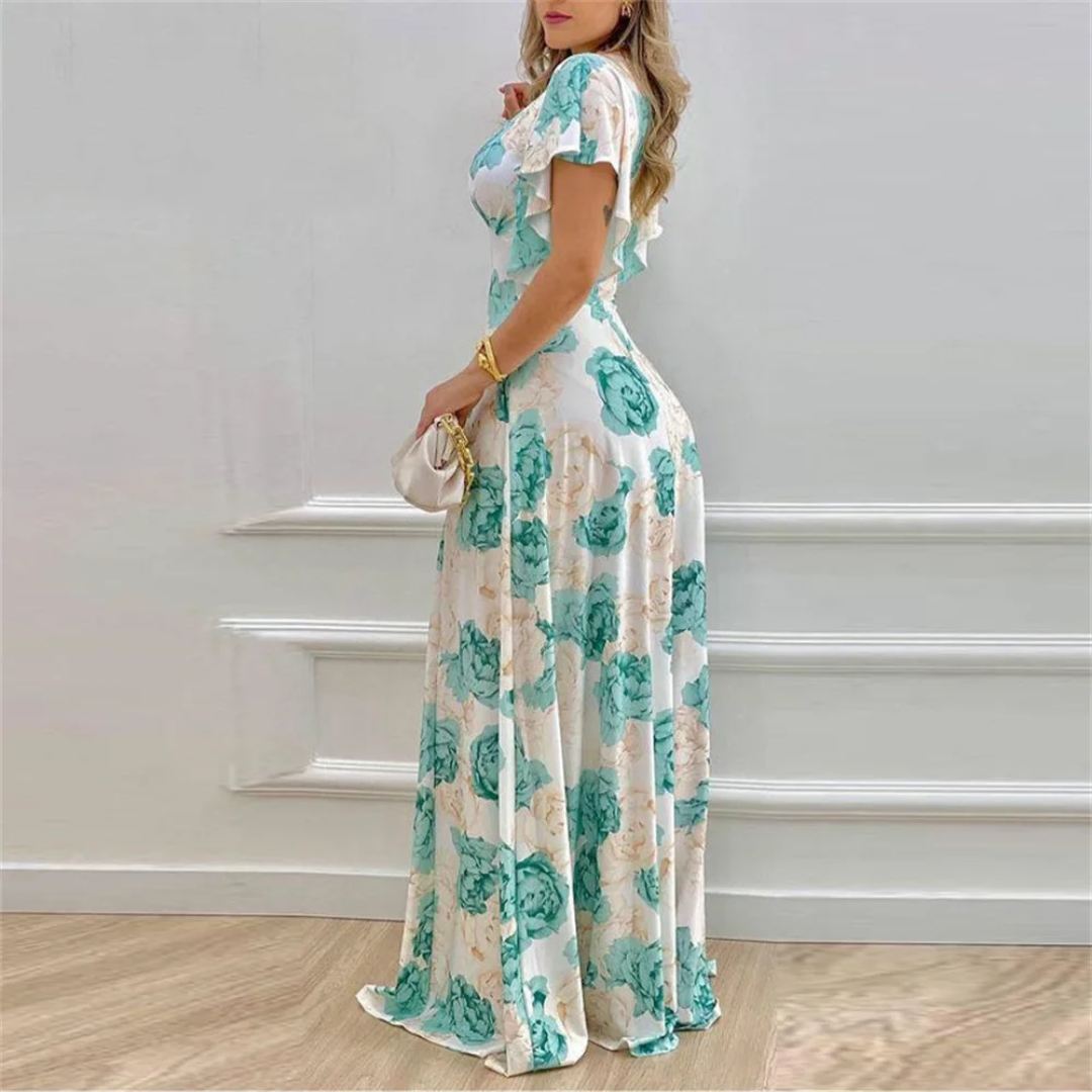 Vestido Longo Floral com Babados e Decote em V para Mulheres, Primavera e Verão. 218
