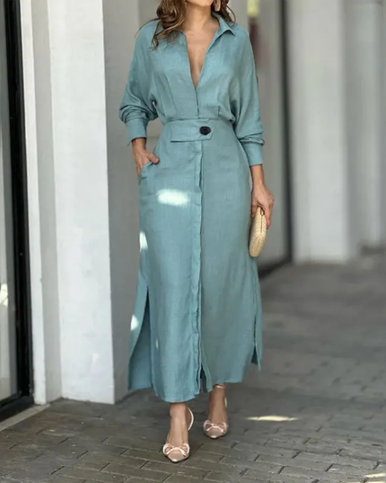 Vestidos Feminino De Lapela De Manga Comprida De Cor Sólida 188