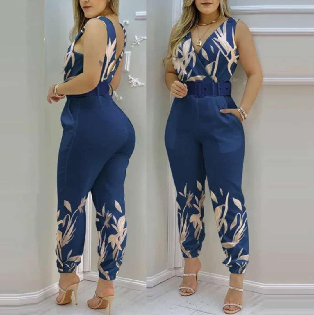 V-neck High Waist Backless Printed Jumpsuit Women Summer Jumpsuits With Belt
