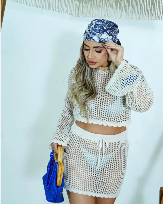 Conjunto de Roupa para Férias na Praia para Mulheres, Blusa de Tricô Casual com Recorte de Manga Longa e Saia de Cintura Alta 451