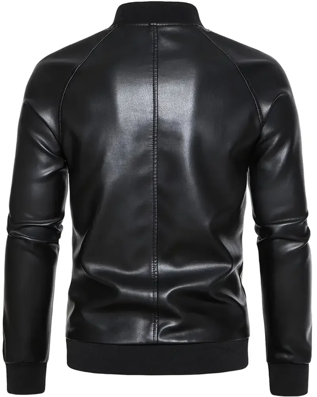 Jaqueta de couro preta casual com gola de beisebol 10