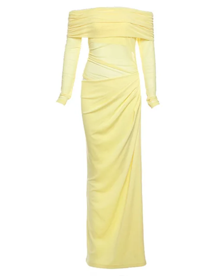 Vestido Longo Ajustado Feminino com Ombro à Mostra Sólido, Tule, Recorte, Sexy e Realçador de Silhueta, Outono 307