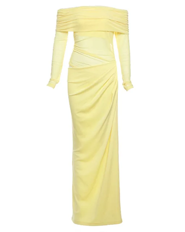 Vestido Longo Ajustado Feminino com Ombro à Mostra Sólido, Tule, Recorte, Sexy e Realçador de Silhueta, Outono 307