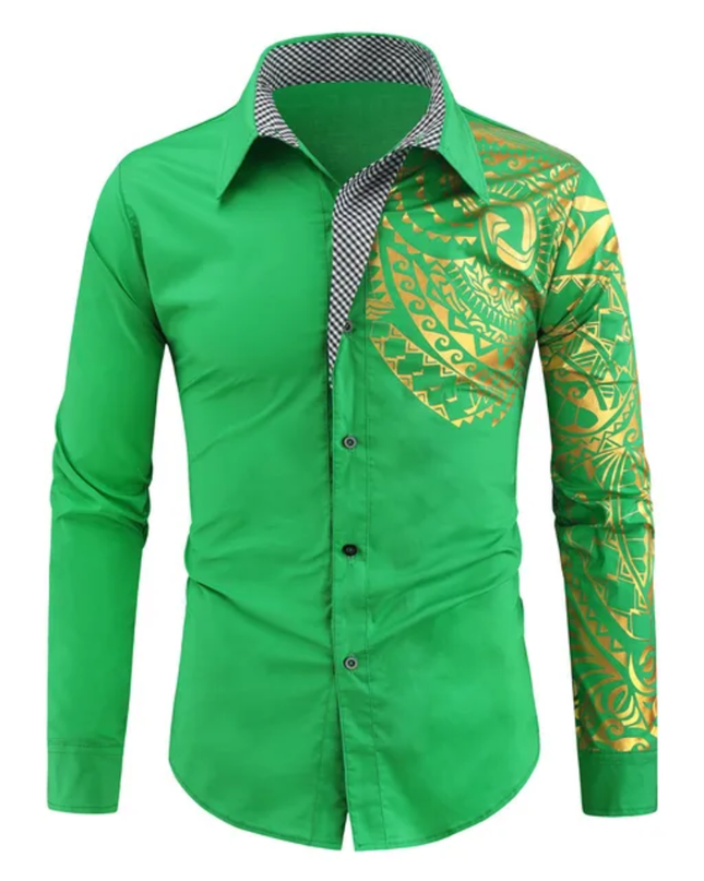 Homem Meia-Noite Top Masculina de Manga Longa com Botões, Casual, Estampa Geométrica Contrastante, Gráfico Disco, Gola 608