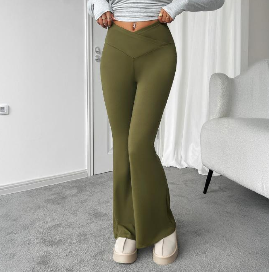 Calça Flare de Cintura Larga Casual de Feminina, Legging com Cintura Dobrada de Cintura Alta Franzida Slim Fit 131