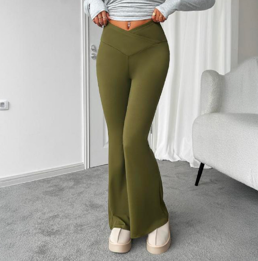 Calça Flare de Cintura Larga Casual de Feminina, Legging com Cintura Dobrada de Cintura Alta Franzida Slim Fit 131