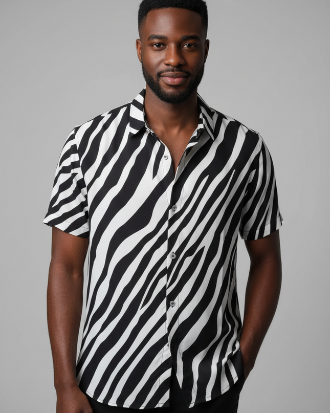 Camisas Slim Masculina Viscose Slim Fit Lisa Alta Qualidade Verao Estampada Preto e Branco Listrado 465