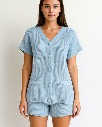 Conjunto de shorts feminino casual de 2 peças com botões e decote em V 24