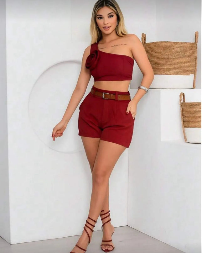 Conjunto Feminino Alfaiataria Shorts com cinto e Cropped Mula Manca com Flor Primavera Verão Elegante 470