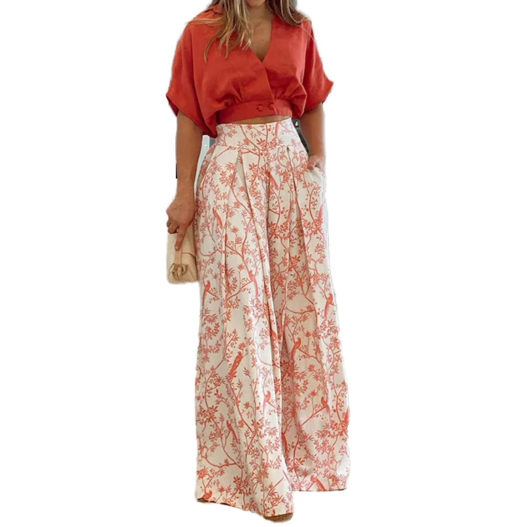 2 peças/Conjunto Top de Botão de Manga Curta com Decote em V de Verão para Mulheres e Calça Pantalona de Cintura Alta 189