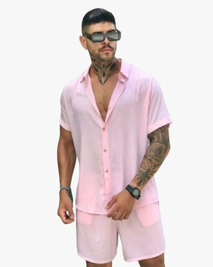 Conjunto Camisa e Short Lisa Havaiano Estampado Listrado Masculino Tecido de Viscolinho com elastano 464
