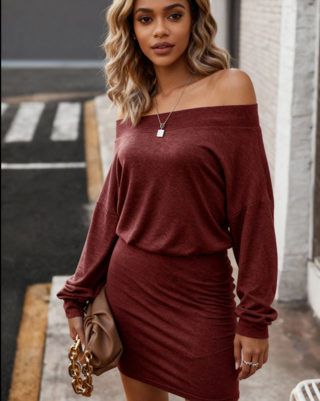 Conjunto feminino de suéter ombro a ombro e saia de tricô 169