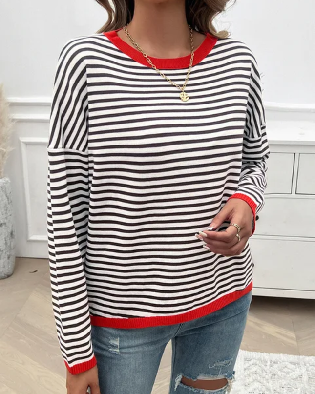 Camiseta Feminina de Manga Longa com Decote Redondo, Ombros Caídos e Listras 181