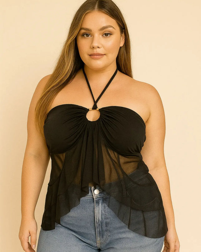 Blusa Plus Size em Tule com Bojo – Frente Única, Charmosa e Estilosa  Simples Assimétrico Nó Costas nuas / sem costas 263