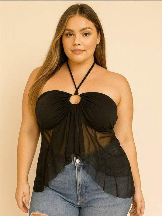 Blusa Plus Size em Tule com Bojo – Frente Única, Charmosa e Estilosa  Simples Assimétrico Nó Costas nuas / sem costas 263