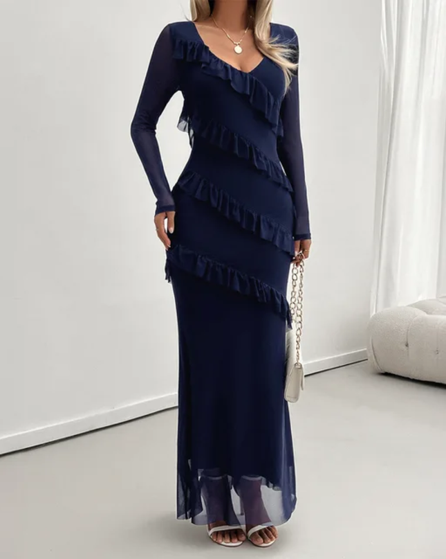 Vestido Malha Elegante e da Moda Feminino com Babados e Decote em V, de Comprimento Médio 176