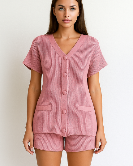 Conjunto de shorts feminino casual de 2 peças com botões e decote em V 24