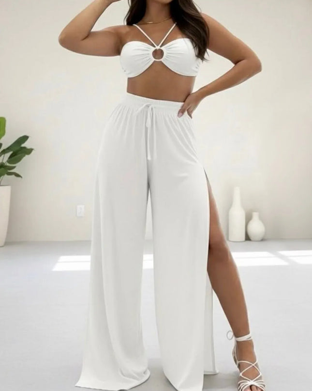 Conjunto cropped multiuso e pantalona com fenda 93