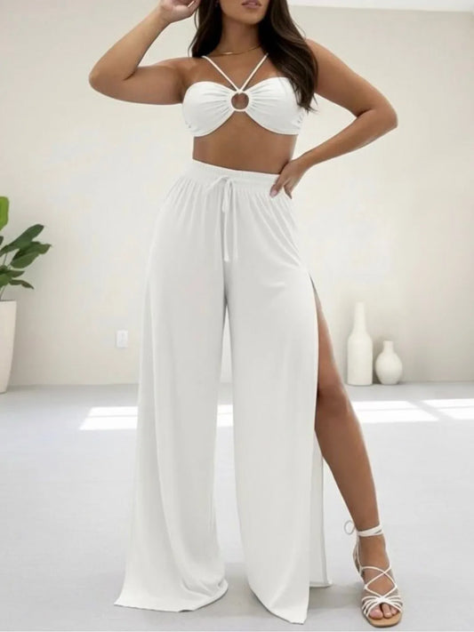 Conjunto cropped multiuso e pantalona com fenda 93