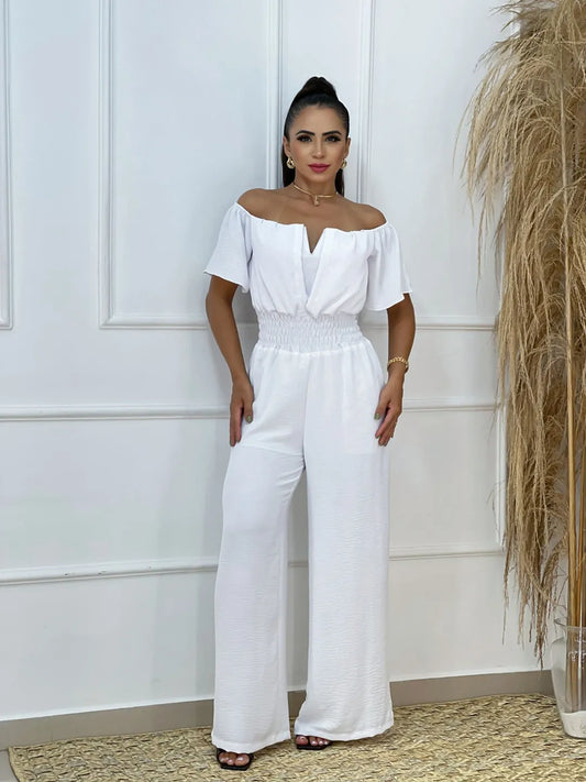 Macacão longo feminino verde com ombros descobertos e manga curta, com babados e detalhes franzidos 254