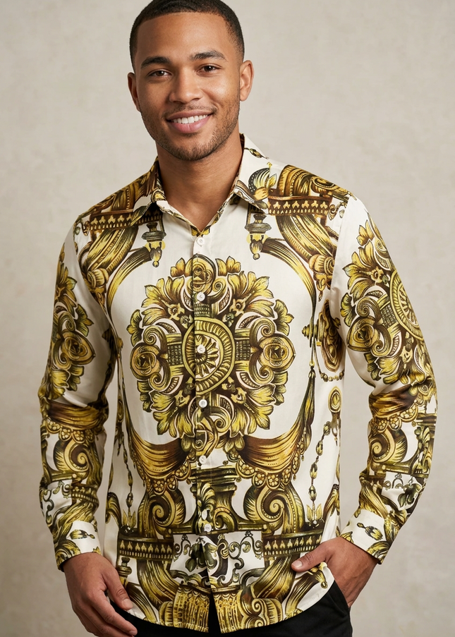 Homem Meia-Noite Camisa de Manga Longa Estampada com Flores da Moda 612